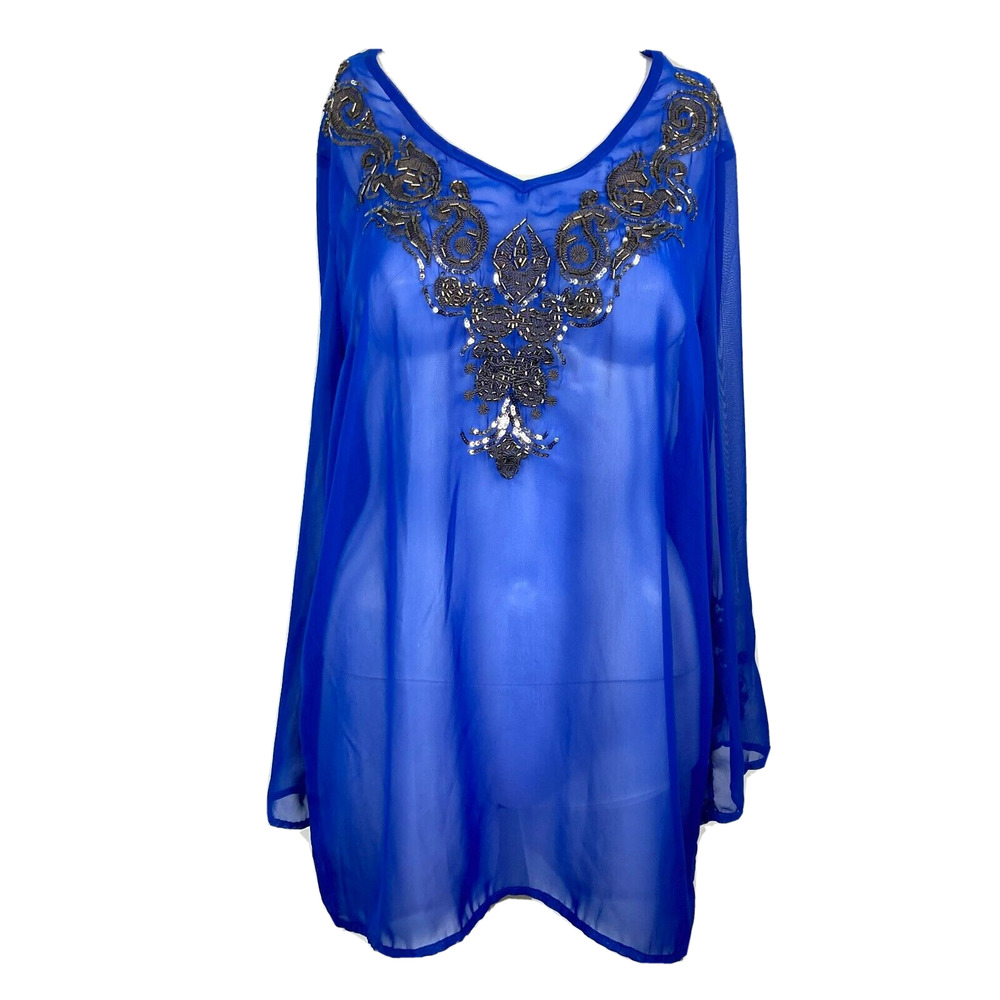 Antthony Shirt Womens Sz 6 Royal Blue Chiffon Beaded Sheer V Neck Tunic Stretch